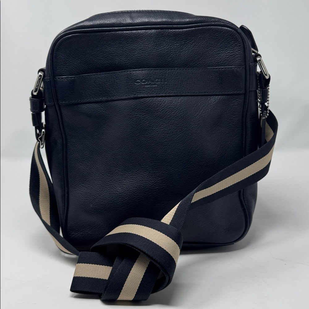 Coach Navy Leather Crossbody with Striped Strap